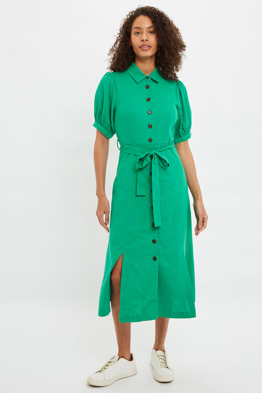 Louche Mollie Button Through Midi Short Sleeve Shirt Dress In Green