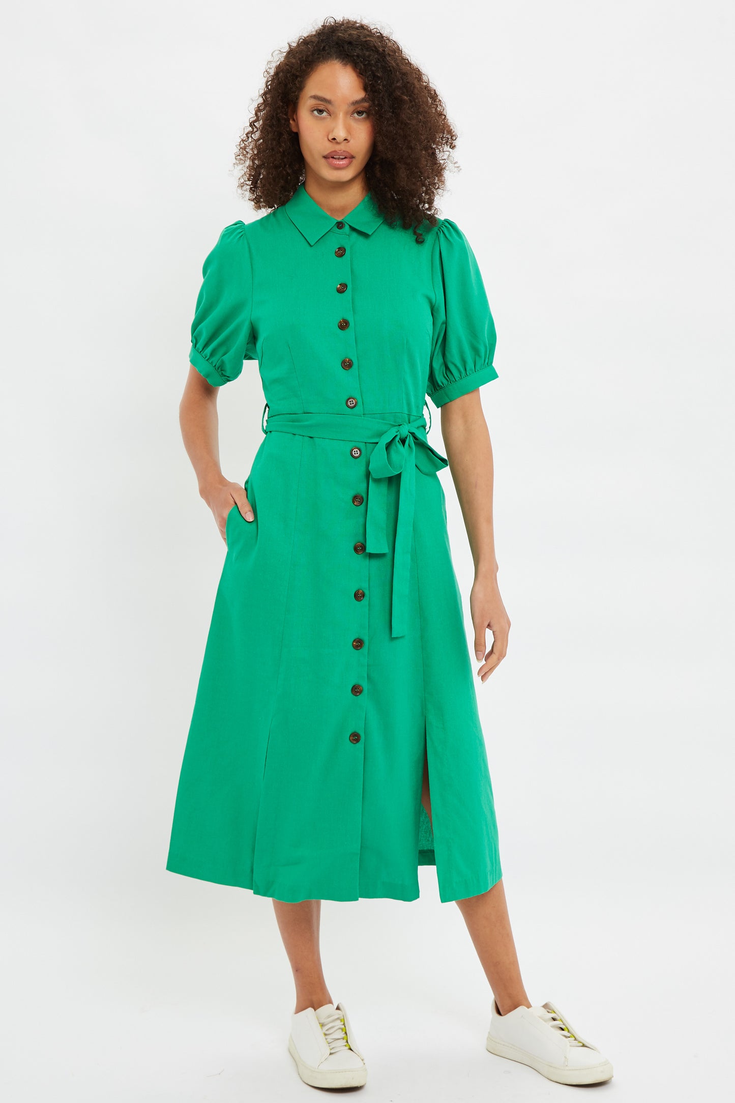 Louche Mollie Button Through Midi Short Sleeve Shirt Dress In Green