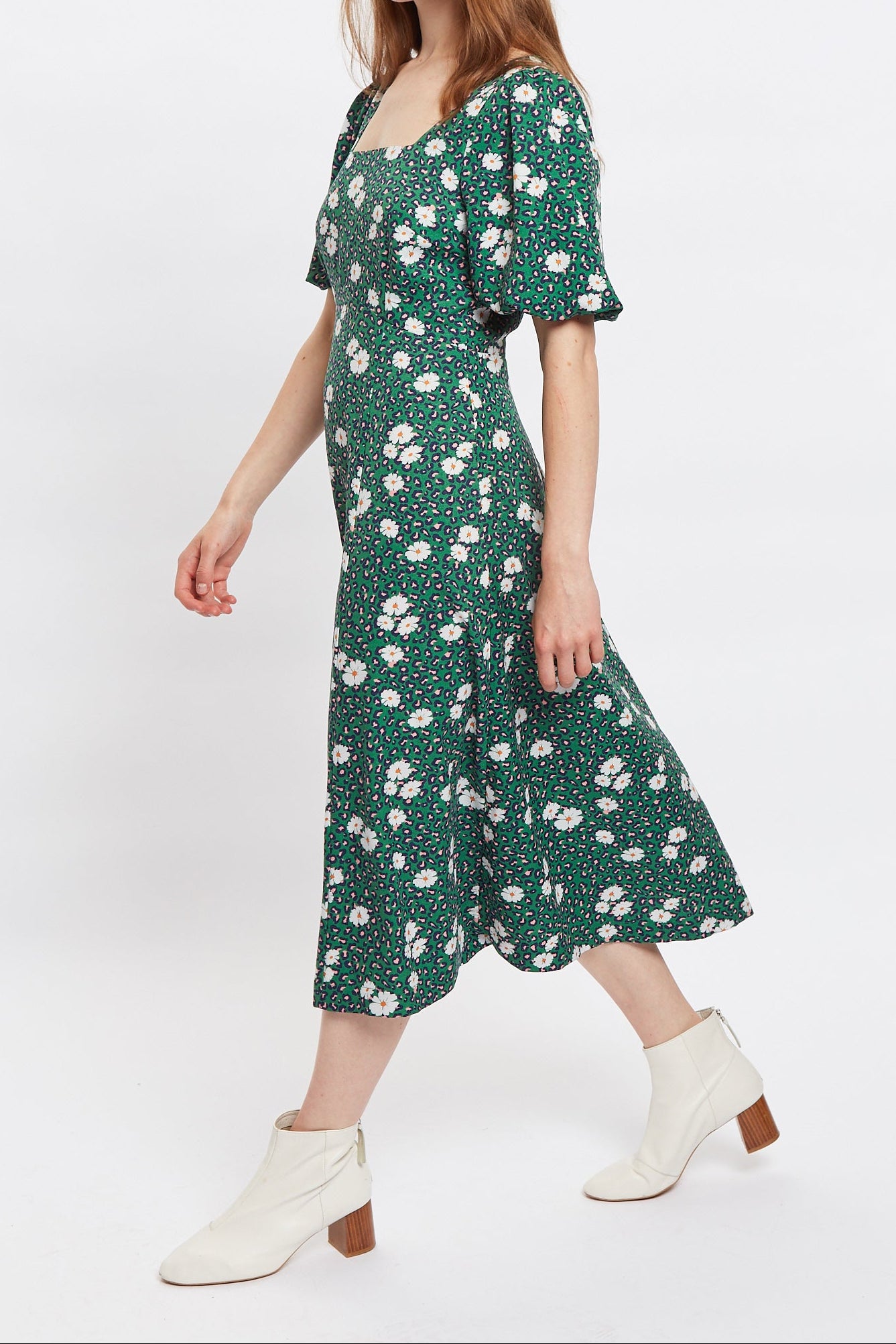 Louche Nadine Roaring Daisy Print Square Neck Balloon Sleeve Midi Dress - Green - Detail 1
