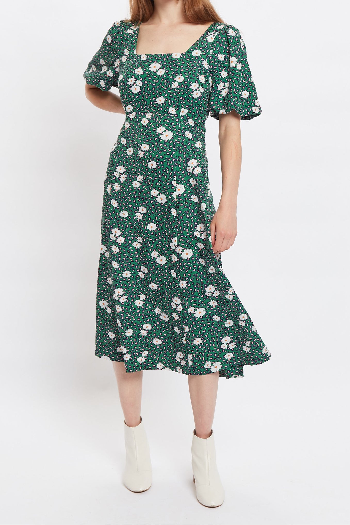 Louche Nadine Roaring Daisy Print Square Neck Balloon Sleeve Midi Dress - Green