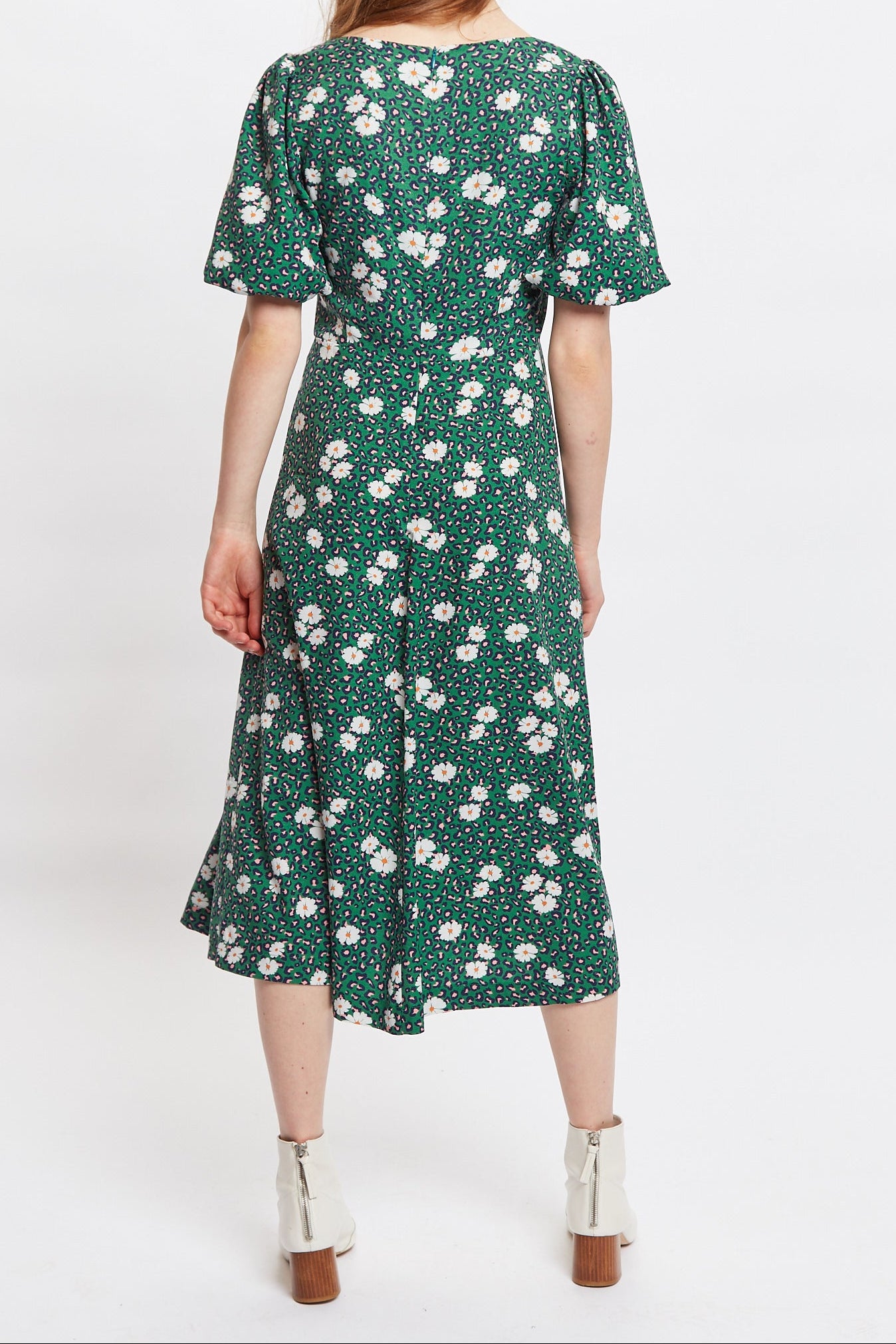 Louche Nadine Roaring Daisy Print Square Neck Balloon Sleeve Midi Dress - Green