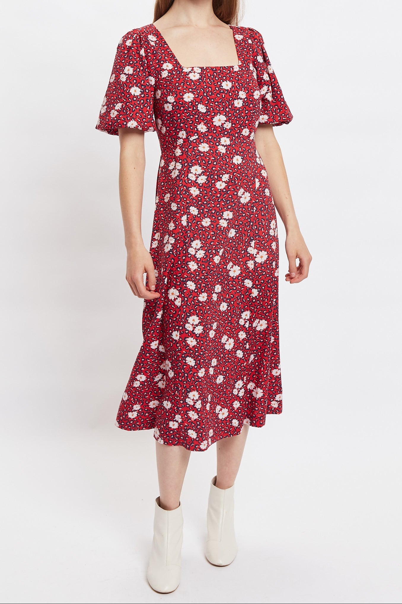 Nadine Roaring Daisy Print Square Neck Balloon Sleeve Midi Dress - Red