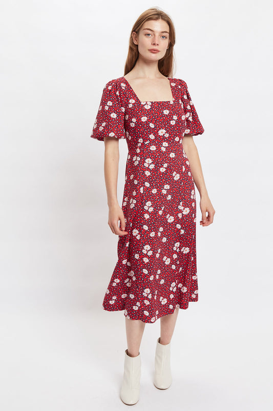 Nadine Roaring Daisy Print Square Neck Balloon Sleeve Midi Dress - Red