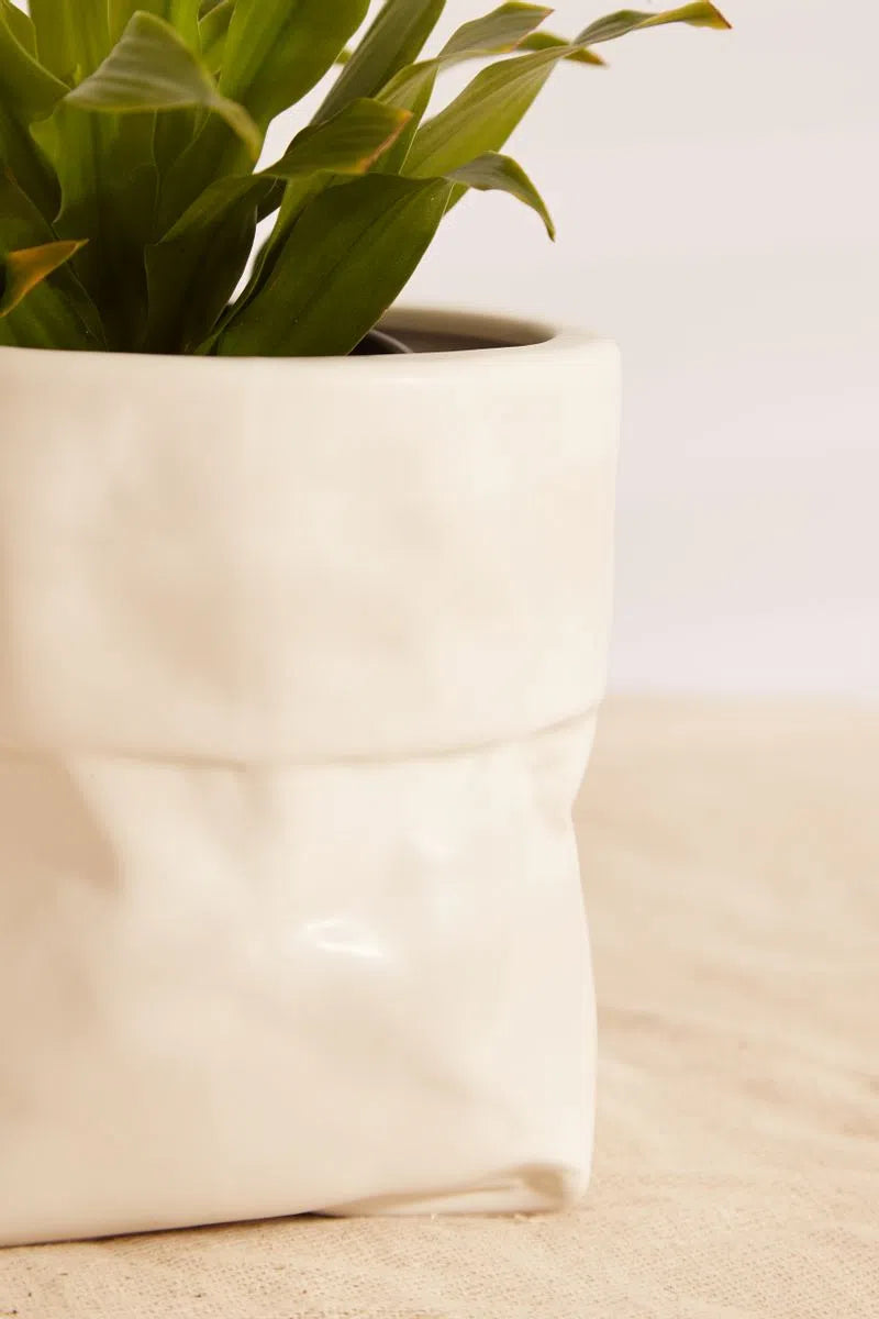 Small White Ceramic Paper Bag Planter - Styled