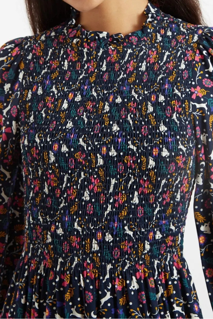 Peppi White Rabbit Print Smocked Bodice Midi Dress - Detail 1