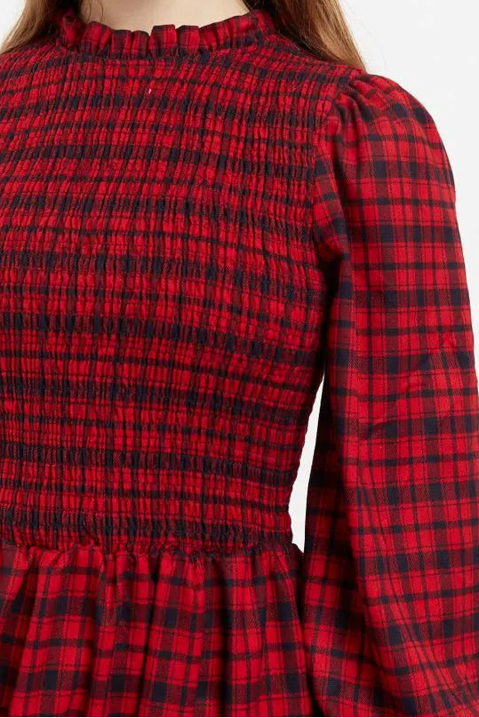 Louche Peppi Winter Gingham Midi Dress Red - Detail 1