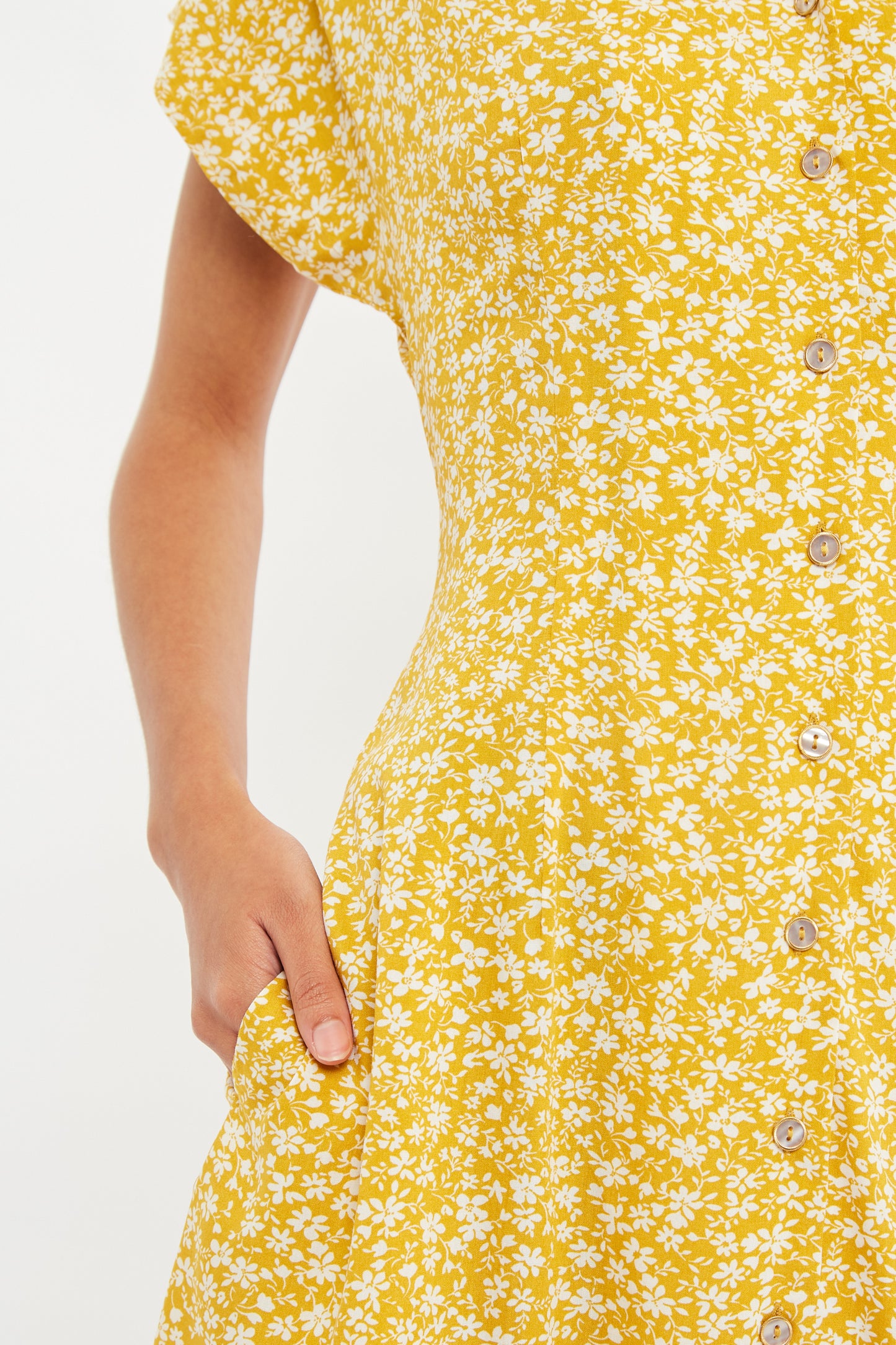 Prudence Micro Blossom Print  Short Sleeve Laced Back Mini Dress In Yellow