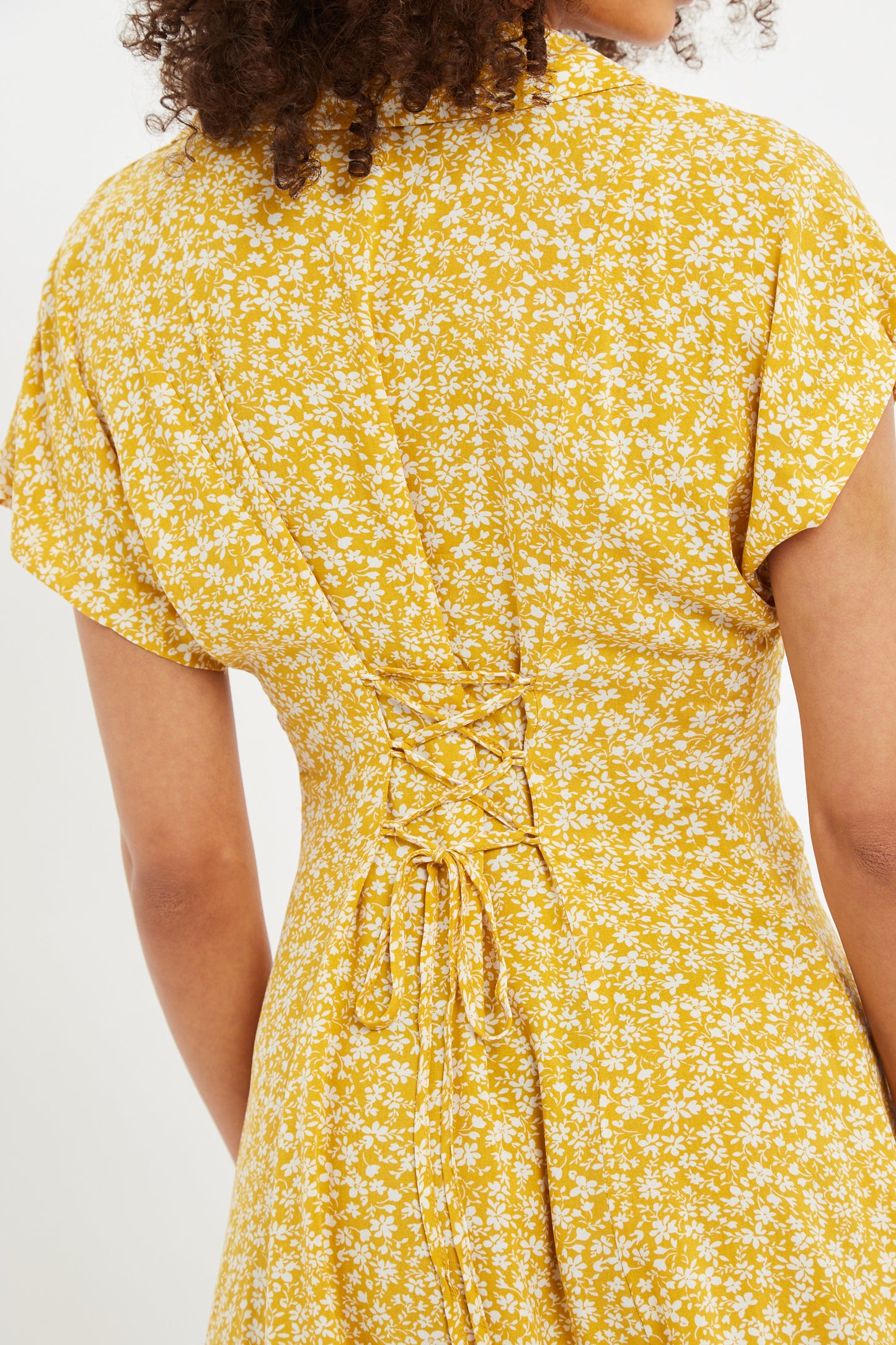 Prudence Micro Blossom Print  Short Sleeve Laced Back Mini Dress In Yellow