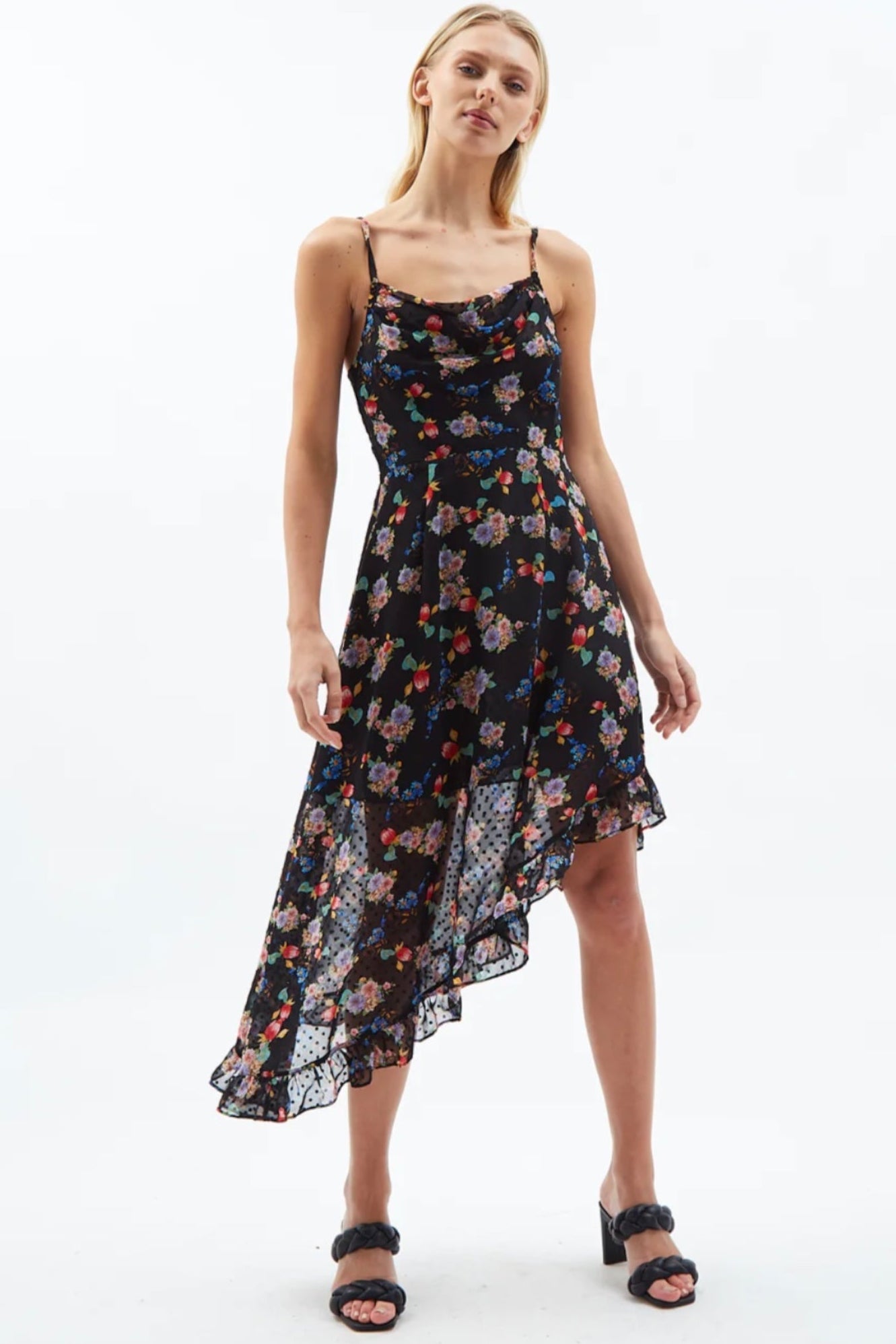 Louche Dina Carpathian Florals Print Asymmetric Strappy Midi Dress