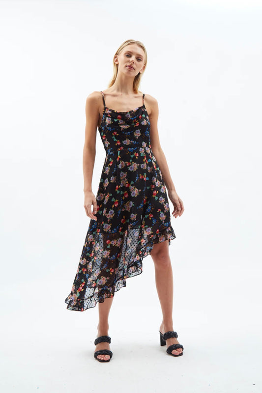 Louche Dina Carpathian Florals Print Asymmetric Strappy Midi Dress