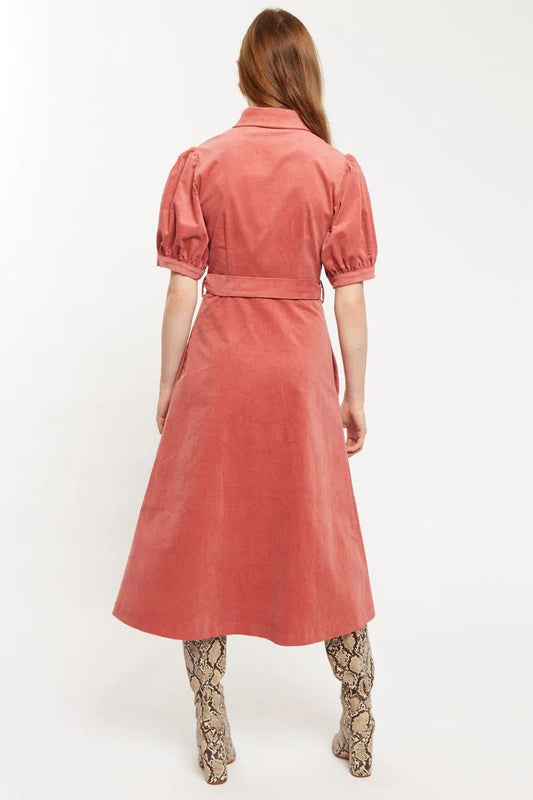 Mollie Baby Cord  Puff Sleeve Midi Shirtdress Blush Pink