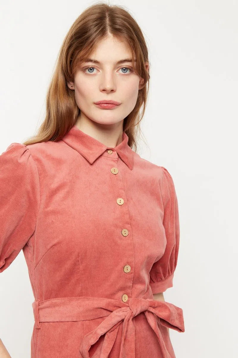 Mollie Baby Cord  Puff Sleeve Midi Shirtdress Blush Pink - Detail 1