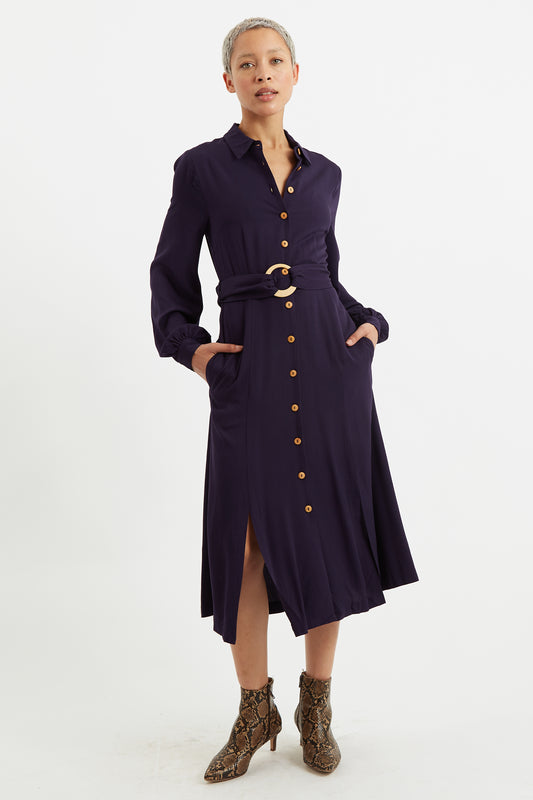 Rebecka Twill Long Sleeve Midi Shirt Dress Navy