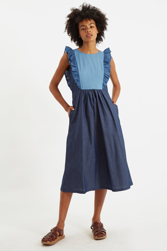 Rina Double Denim Sleeveless Midi Dress