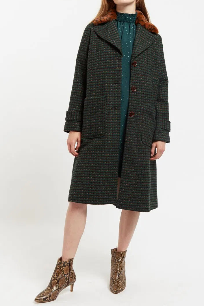 Roksana Cottage Check Faux Fur Collared Coat