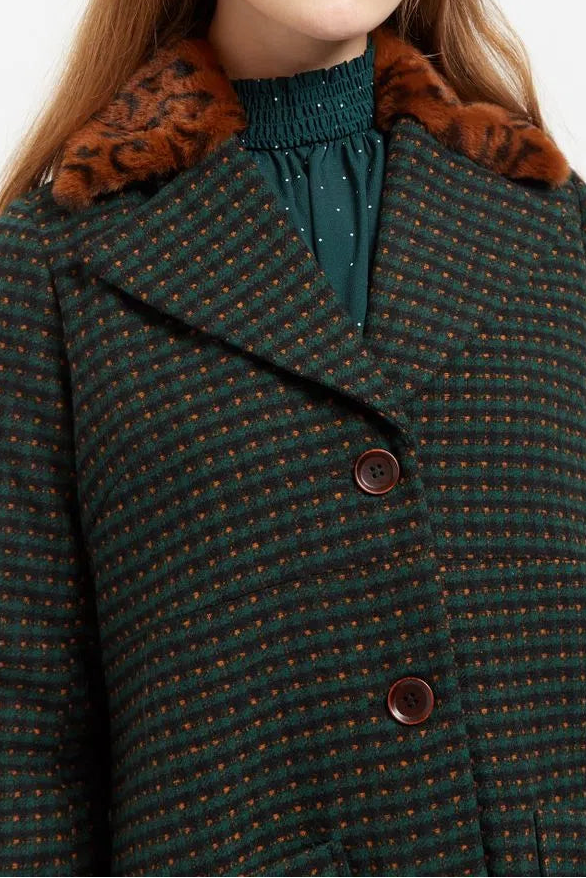 Roksana Cottage Check Faux Fur Collared Coat