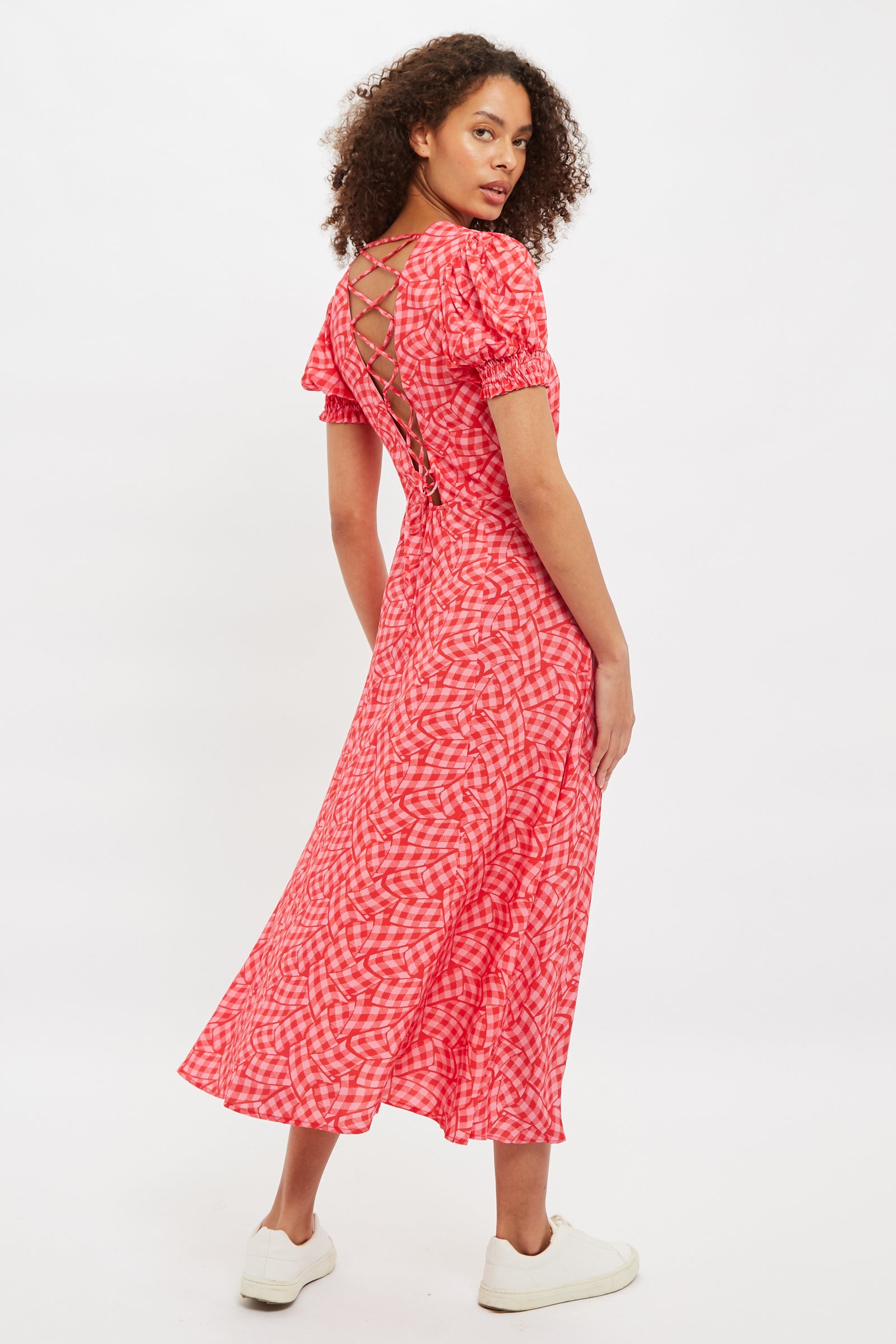 Louche Romola Gingham Twist Print Laced Back Short Sleeve Midi Dress