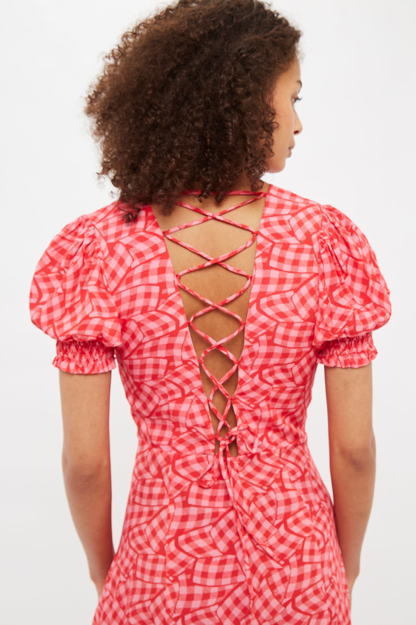 Louche Romola Gingham Twist Print Laced Back Short Sleeve Midi Dress