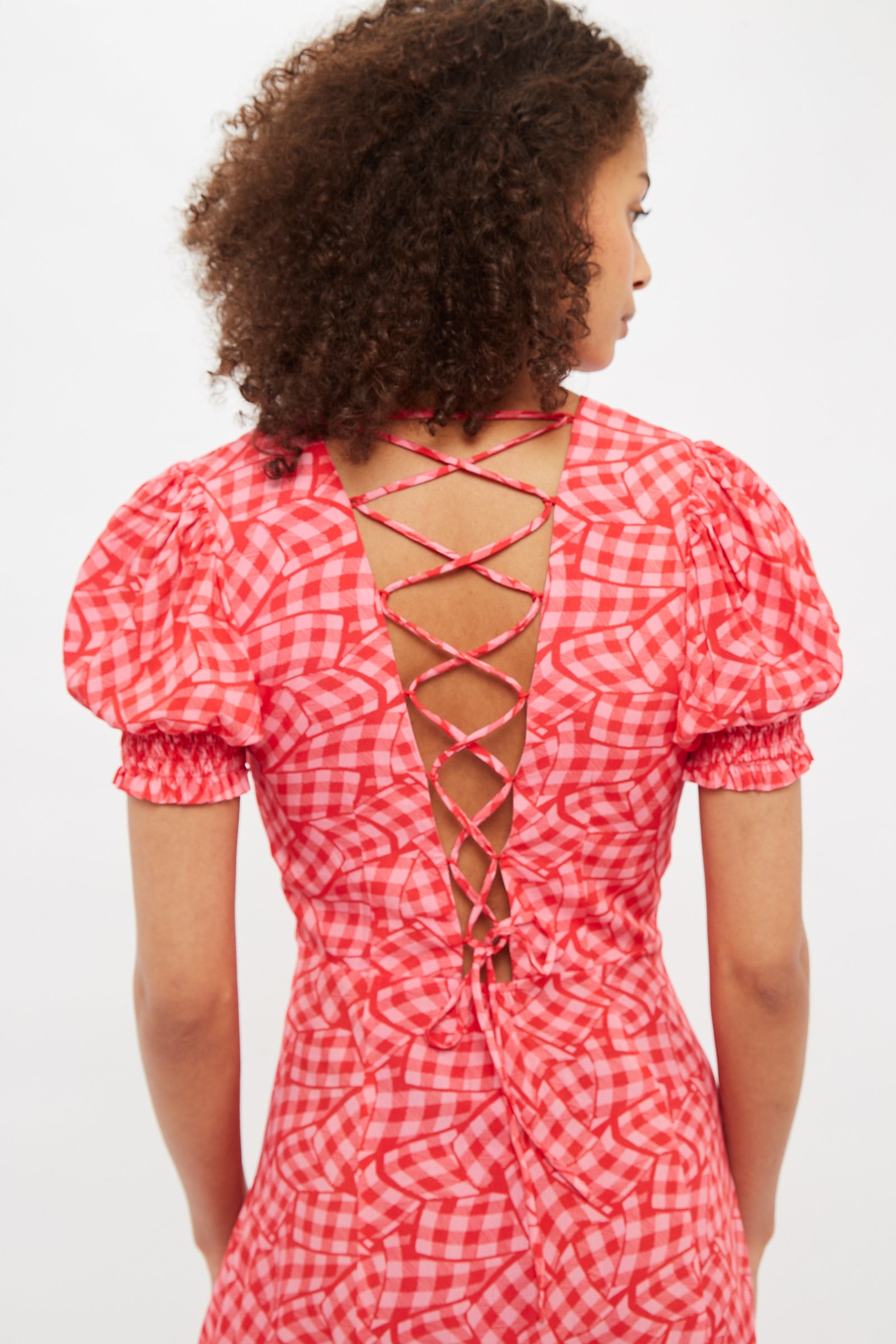 Louche Romola Gingham Twist Print Laced Back Short Sleeve Midi Dress - Detail 1