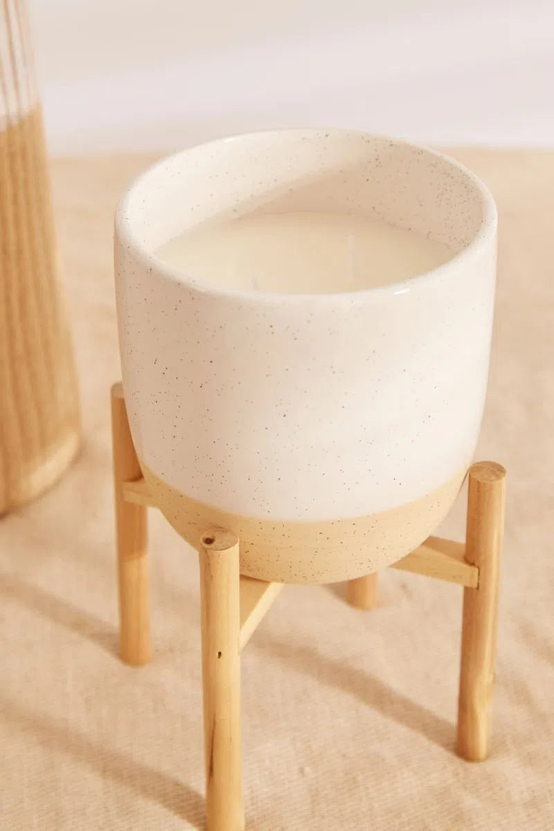 Sandalwood Scented Ceramic Candle on Wooden Stand