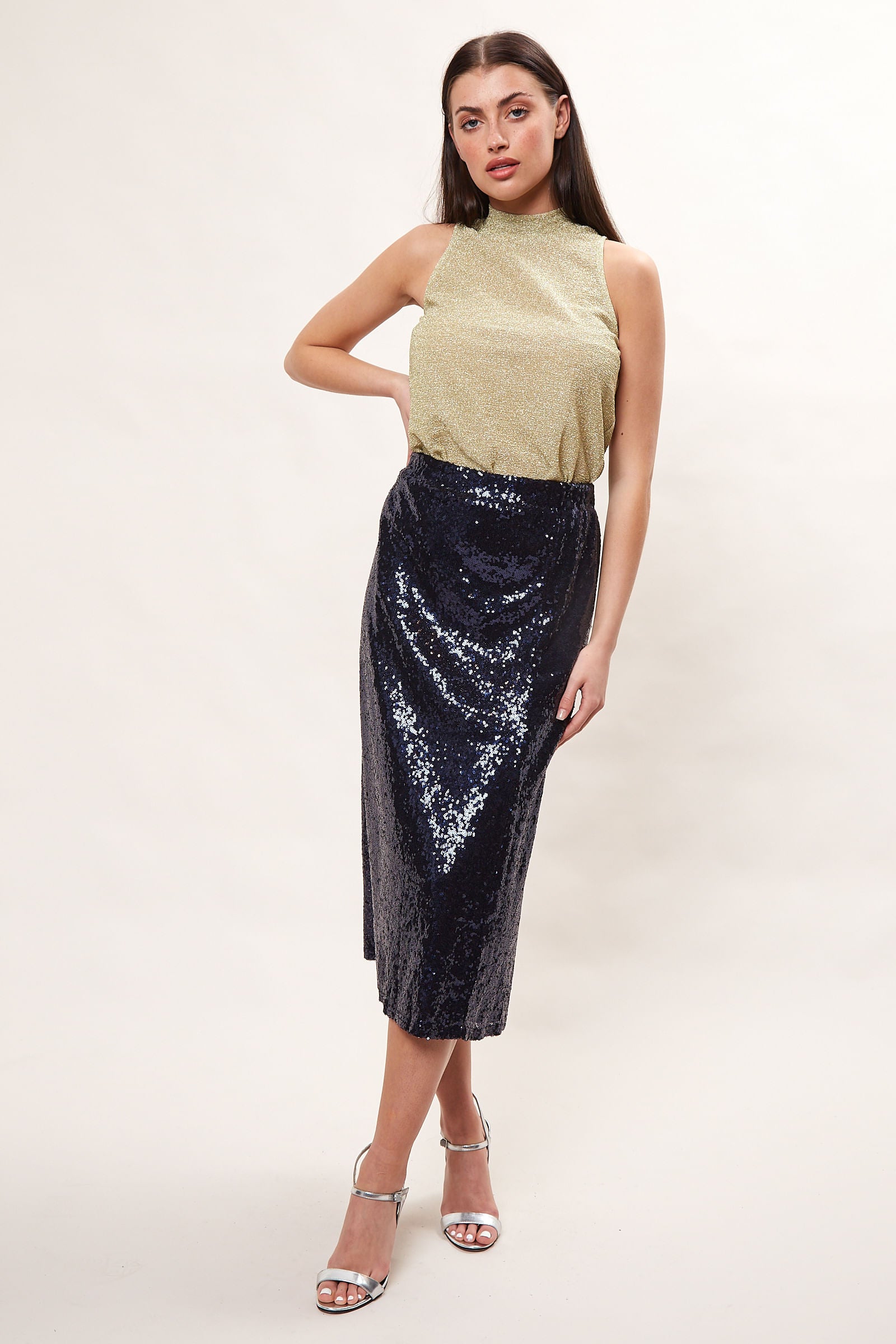 Louche Saro Sequin Midi Skirt  - Navy - Detail 2