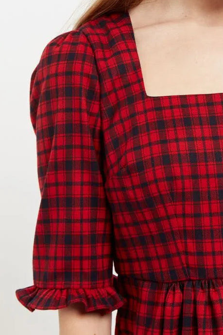 Sassa Winter Gingham Tiered Mini Dress in Red and Black - Detail 2
