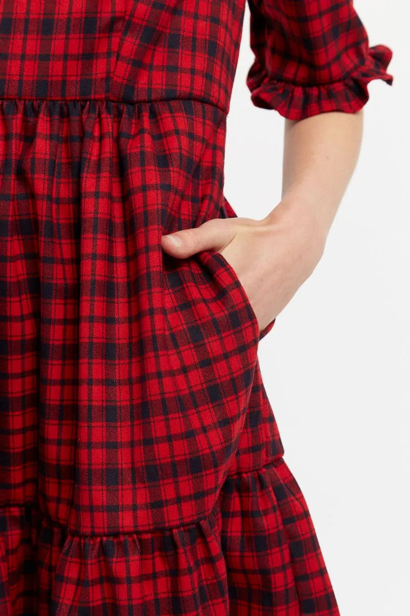 Louche Sassa Winter Gingham Tiered Mini Dress in Red and Black