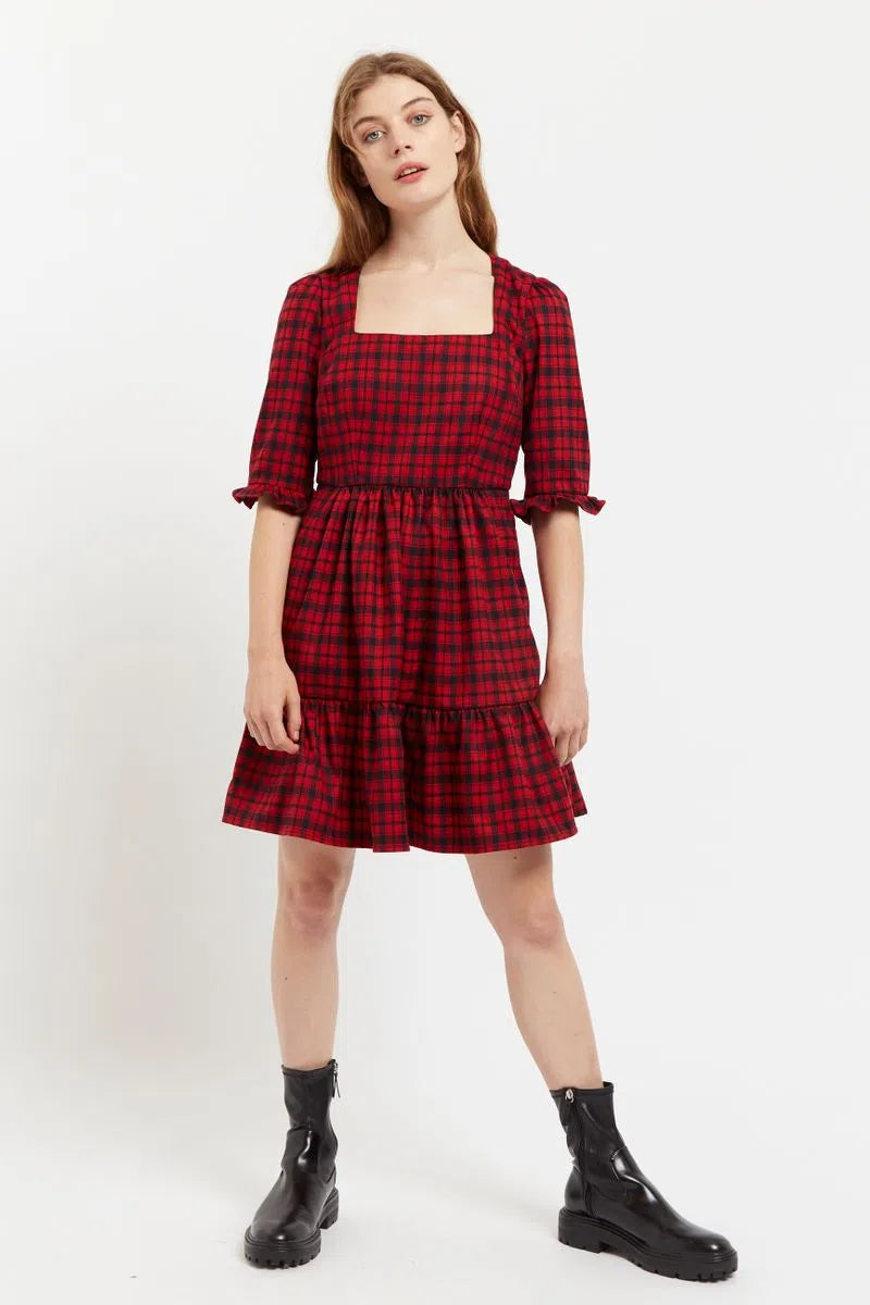 Louche Sassa Winter Gingham Tiered Mini Dress in Red and Black