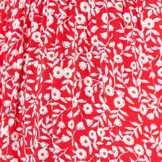 Louche Emeline Shrubbery Print Smocked Bodice Puff Sleeve Mini Dress - Red - Fabric & Print Detail