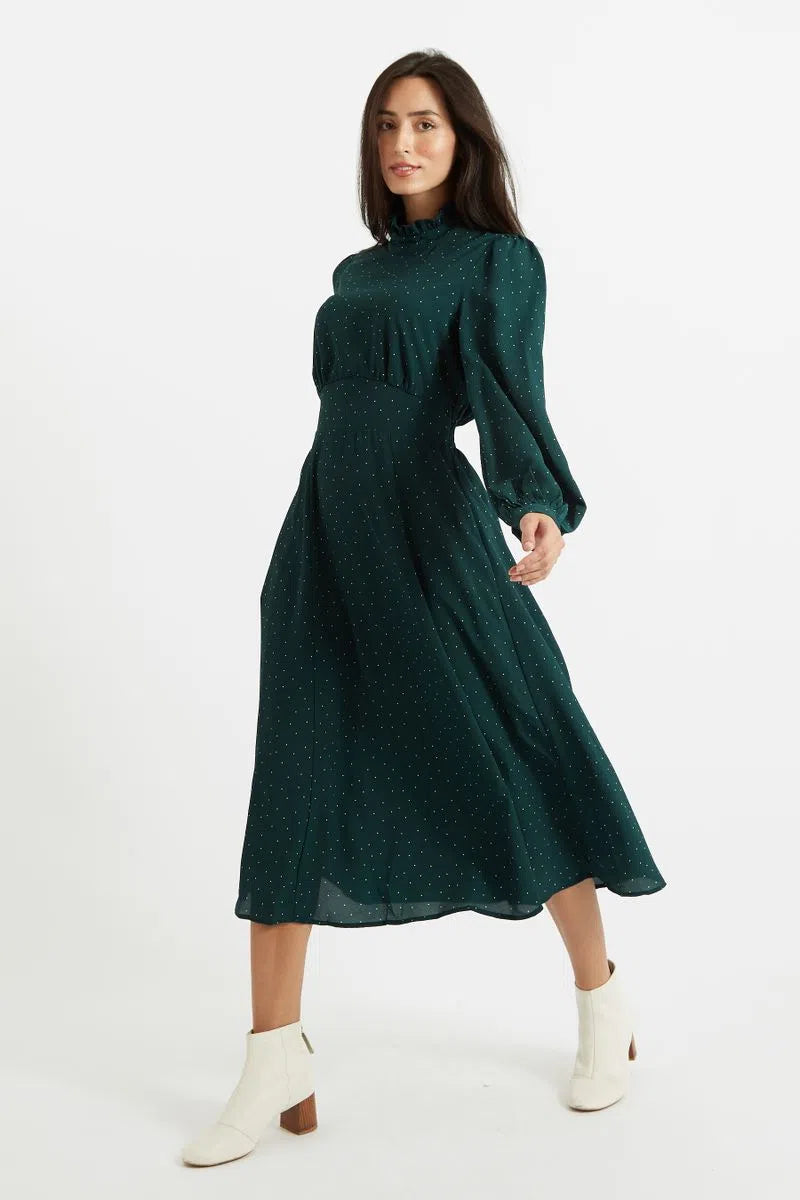 Sorrel Micro Dot Long Sleeve Midi Dress in Green