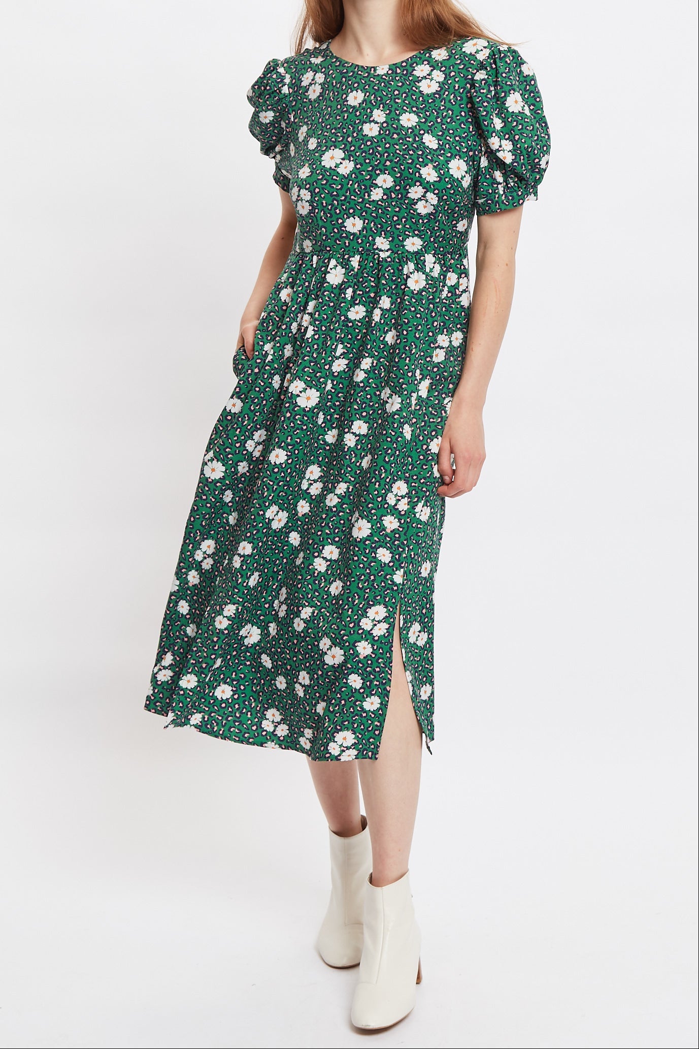 Louche Stasia Roaring Daisy Print V Back Puff Sleeve Midi Dress - Green