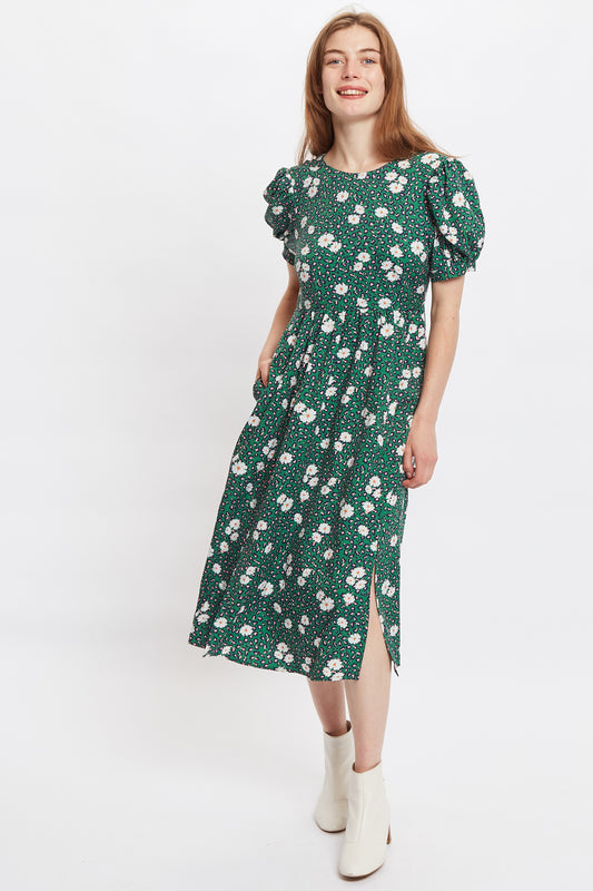 Louche Stasia Roaring Daisy Print V Back Puff Sleeve Midi Dress - Green