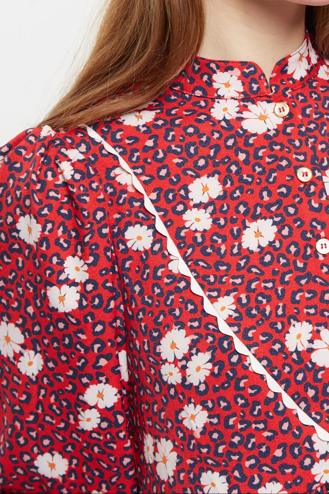 Louche Suzanne Roaring Daisy Print Long Sleeve Mini Dress - Red - Detail 2