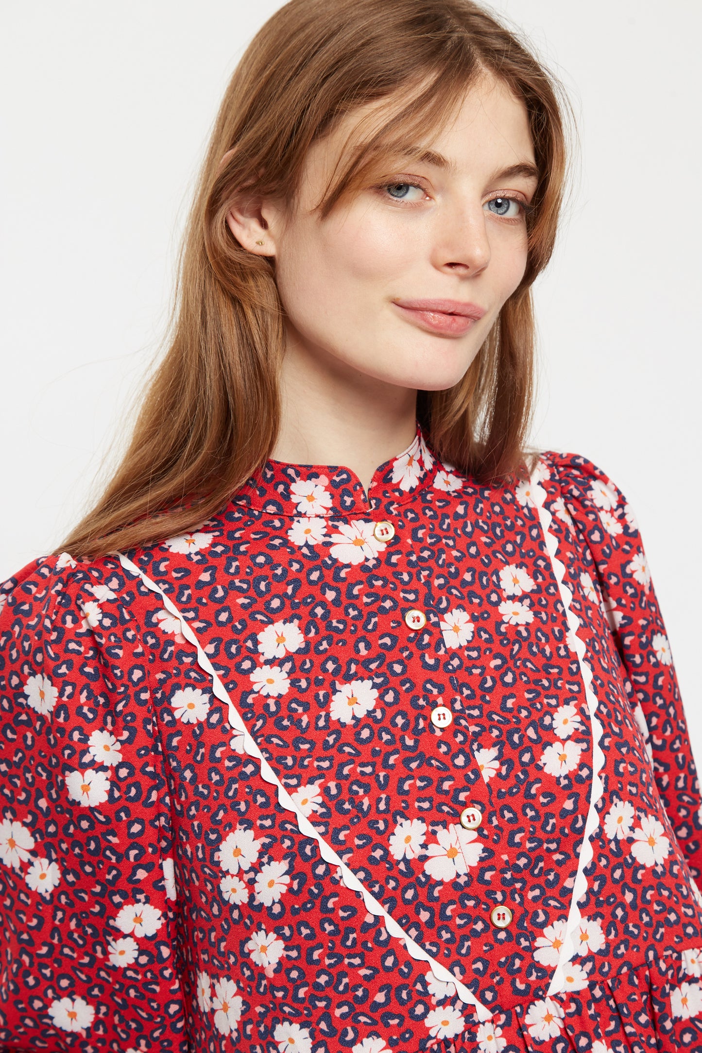 Louche Suzanne Roaring Daisy Print Long Sleeve Mini Dress - Red