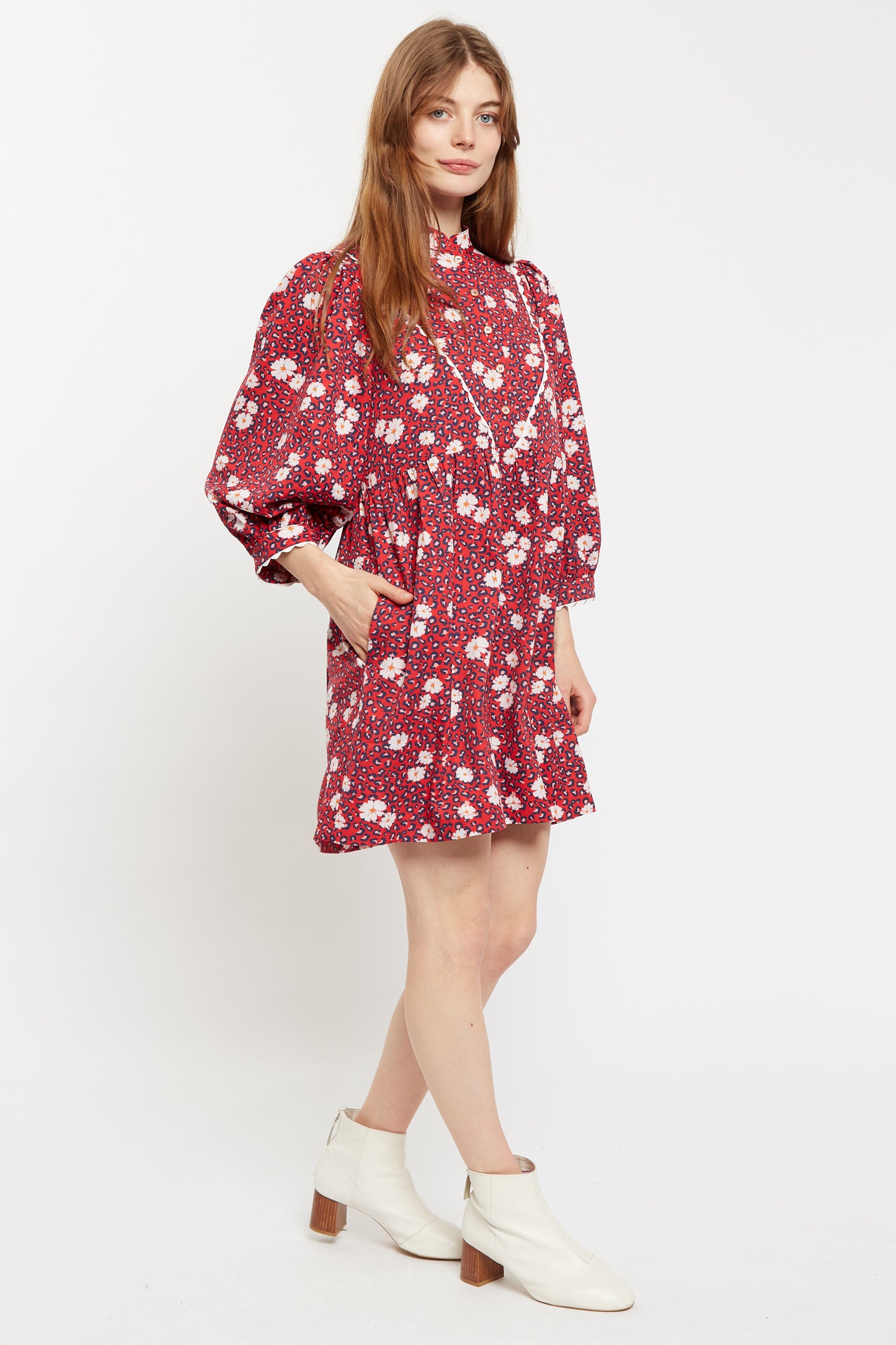 Louche Suzanne Roaring Daisy Print Long Sleeve Mini Dress - Red