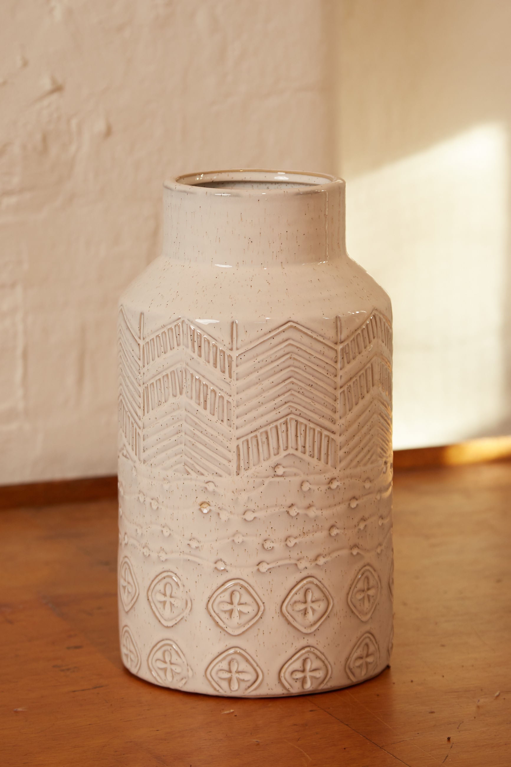 Tall Chevron Stripe Relief Glazed Stoneware Vase - Detail 1