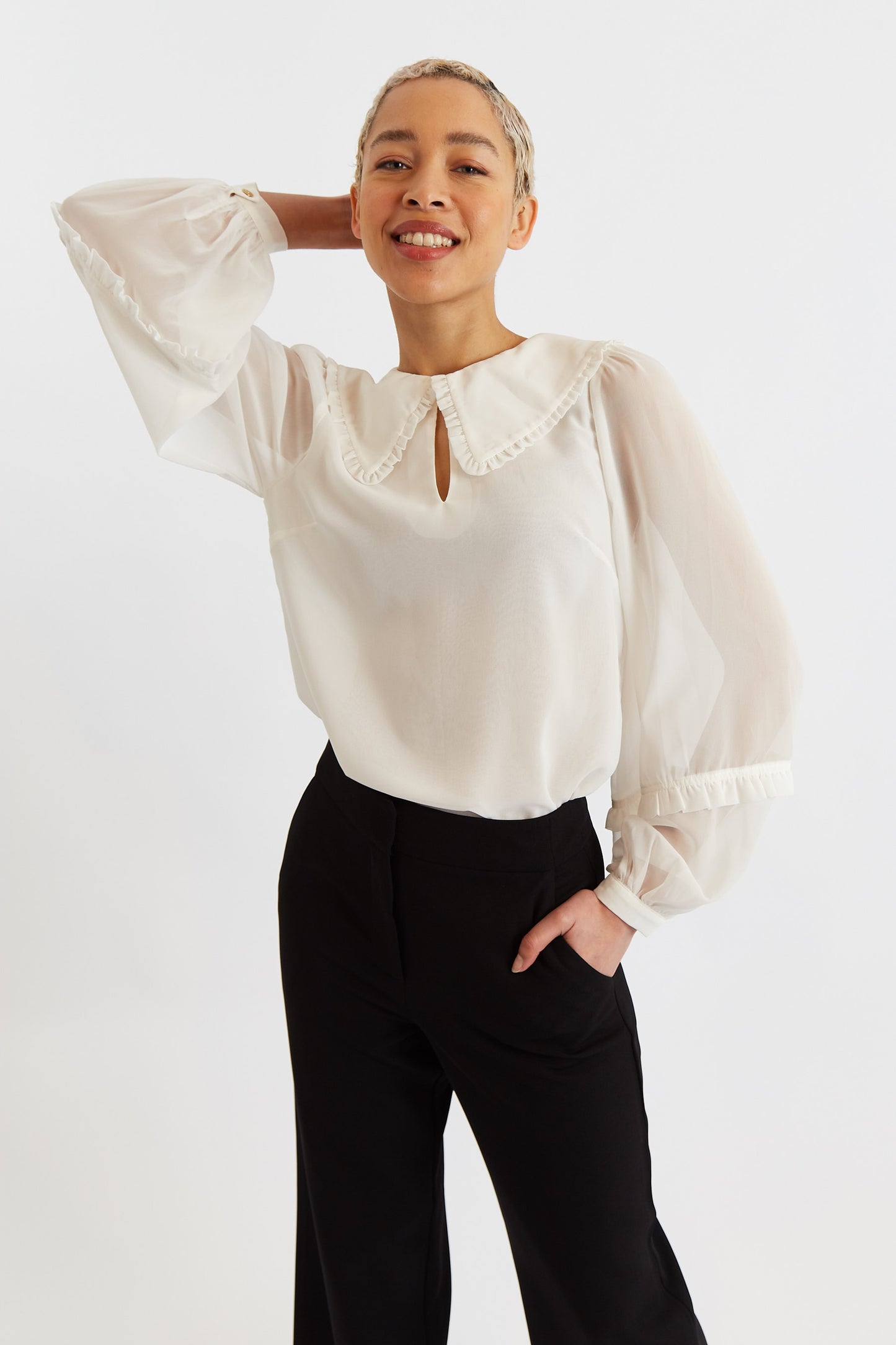 Louche Tuppence Statement Collar Long Sleeve Blouse White
