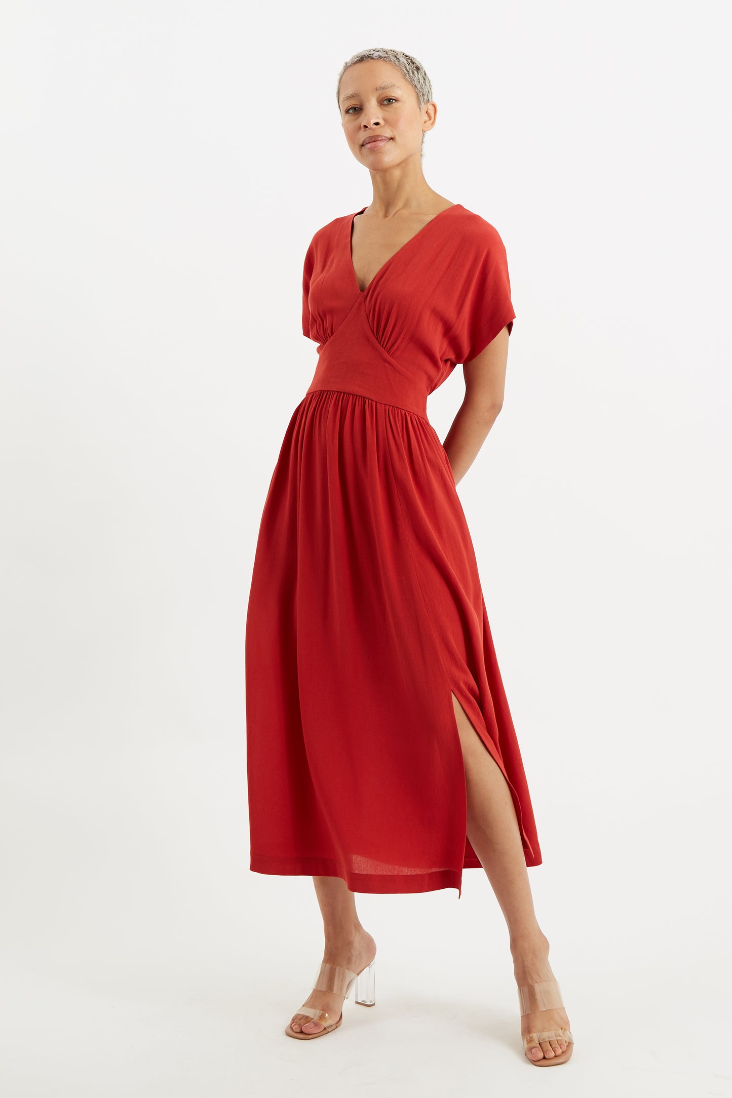 Unity Moss Crepe V-Neck Midi Dress Terracotta