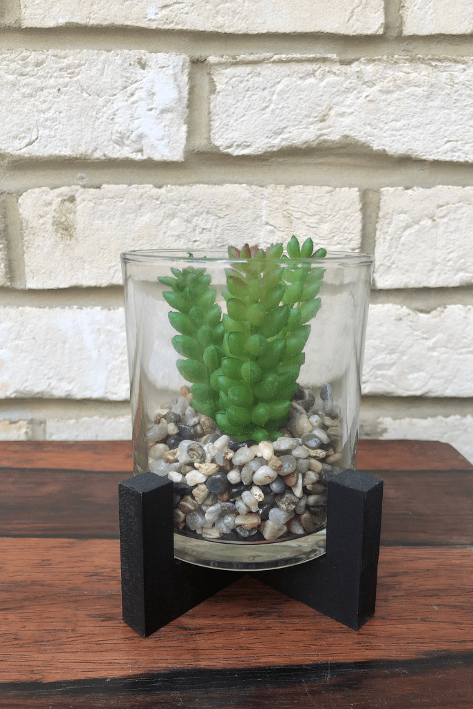 Faux Bead Plant In Glass Pot With Stand - Front