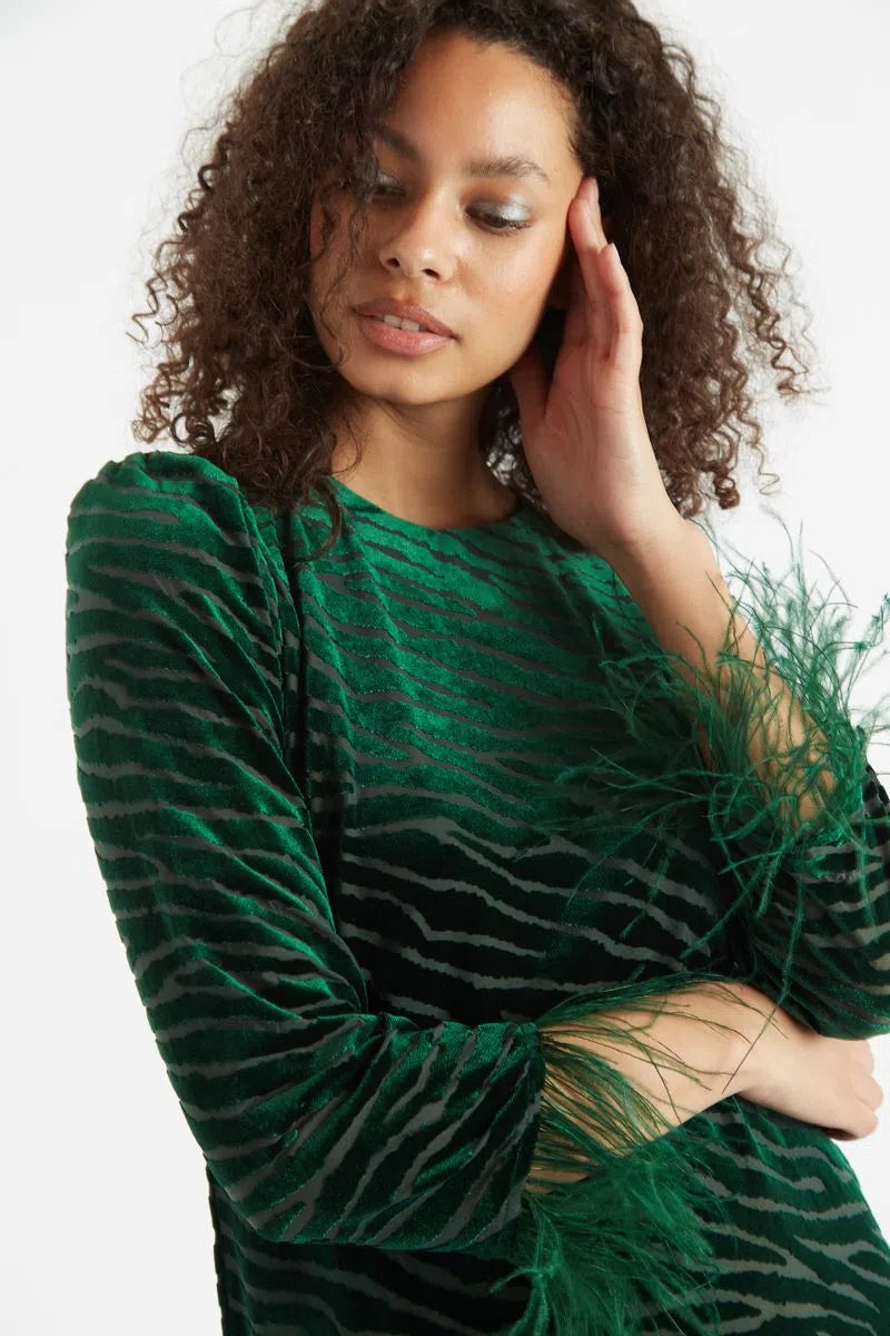 Louche Celie Zebra Devore Feather Trimmed Mini Dress Green