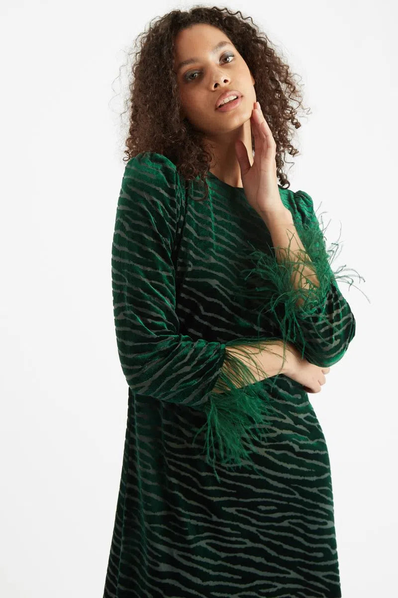 Louche Celie Zebra Devore Feather Trimmed Mini Dress Green