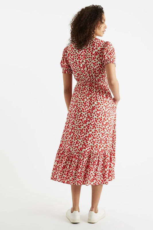 Louche Beatrix Roses Print V Neck Short Sleeve Midi Tiered Dress