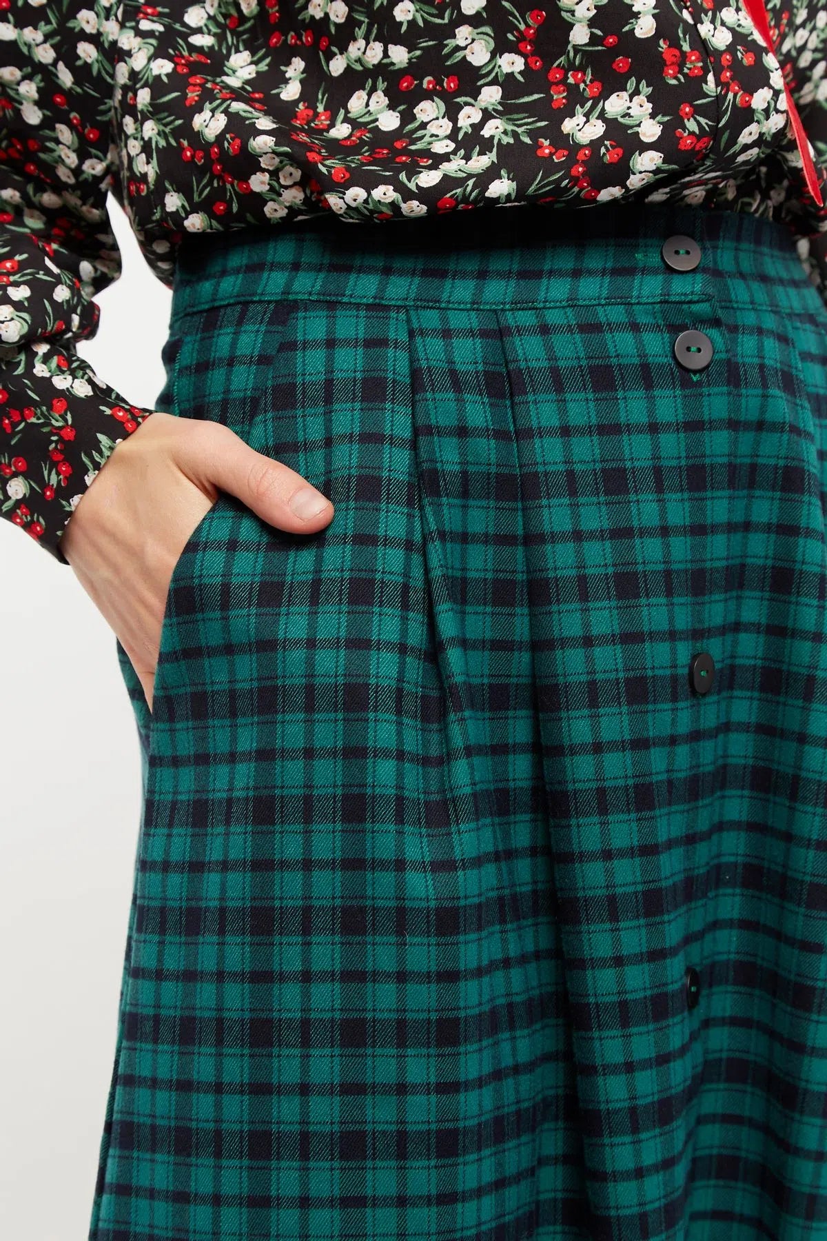 Louche Bia Winter Gingham Midi Skirt in Green and Black