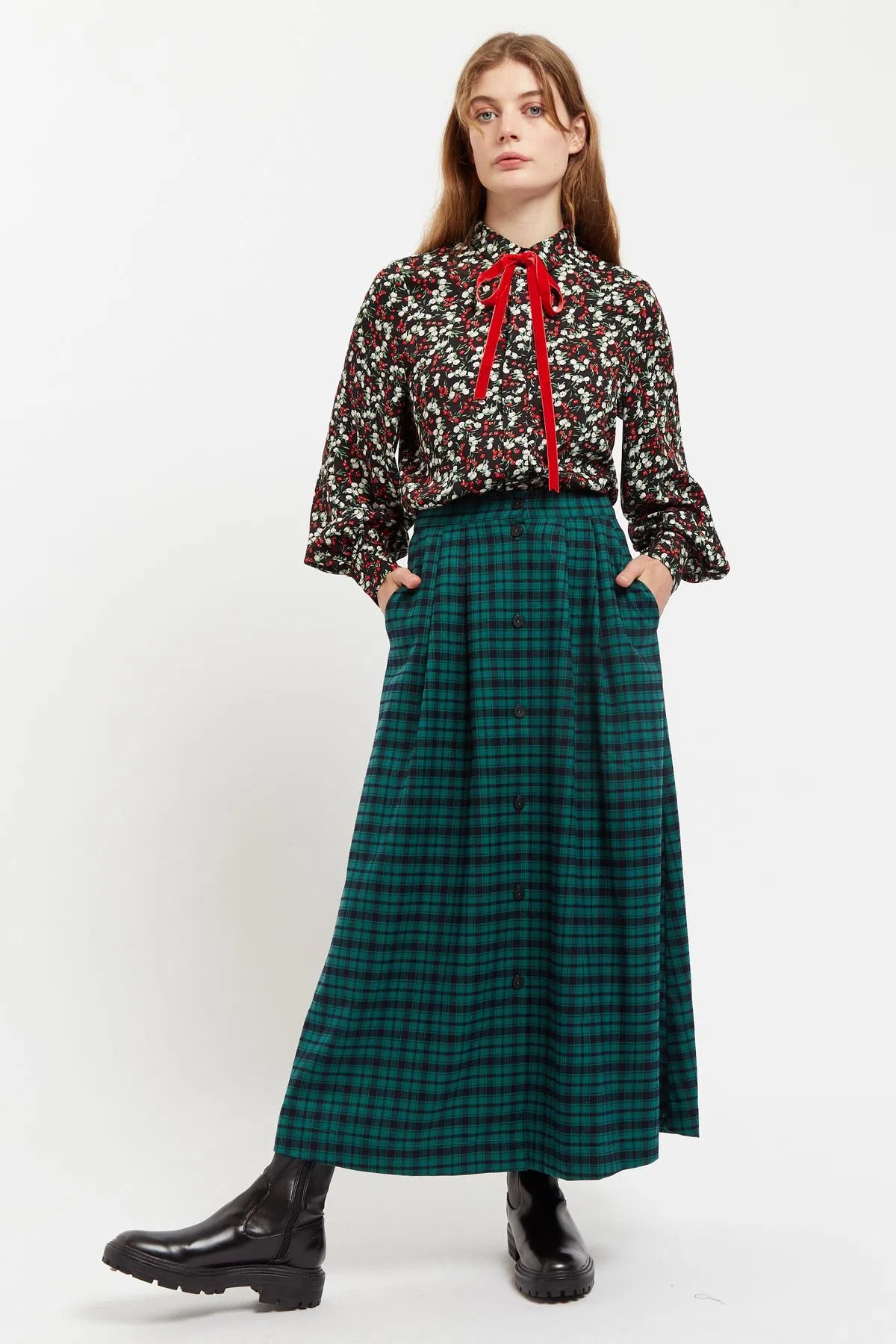 Louche Bia Winter Gingham Midi Skirt in Green and Black