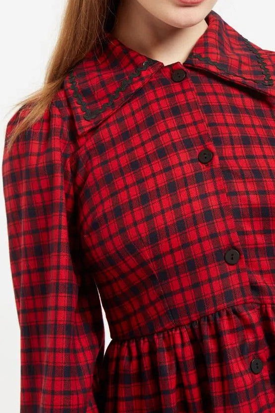 Louche Cailin Winter Gingham Midi Shirt Dress in Red and Black - Detail 1