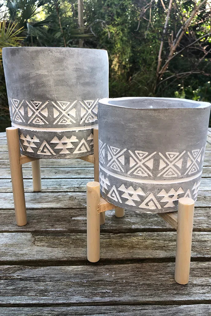 Large Embossed Aztec Concrete Candle With Stand - Back