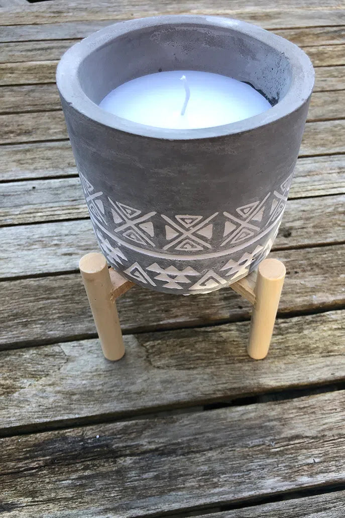 Large Embossed Aztec Concrete Candle With Stand