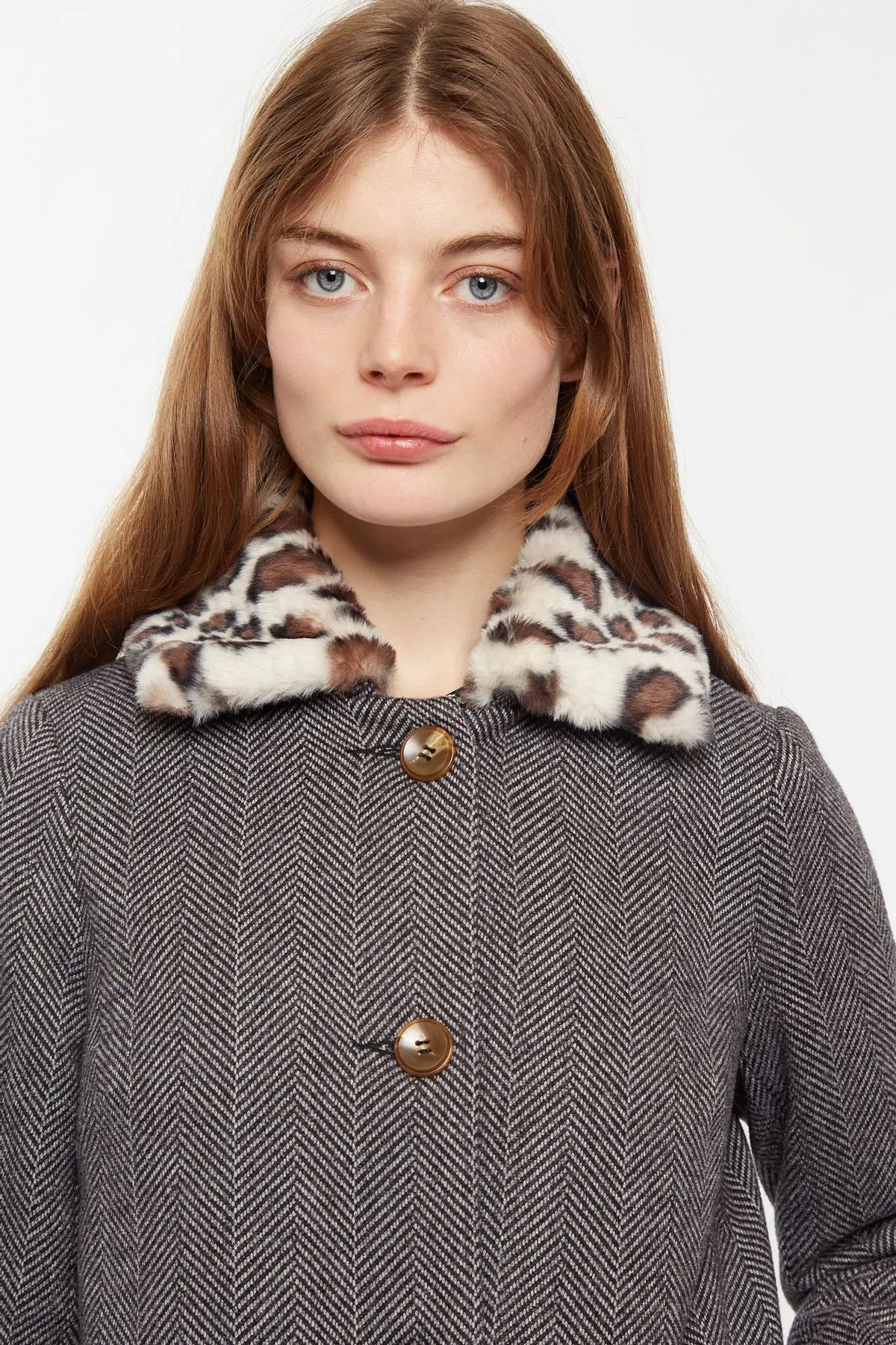 Dryden Herringbone Faux Fur Collar A Line Coat - Detail 1