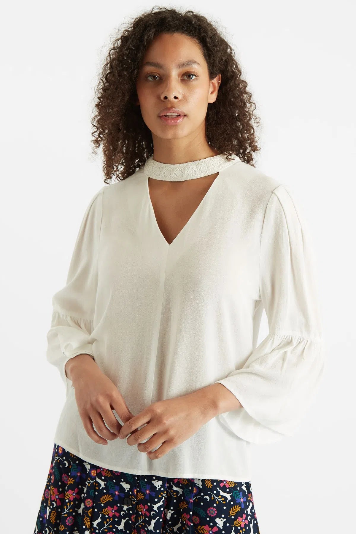 Louche Eartha Crepe Lace Trim Long Sleeve Blouse