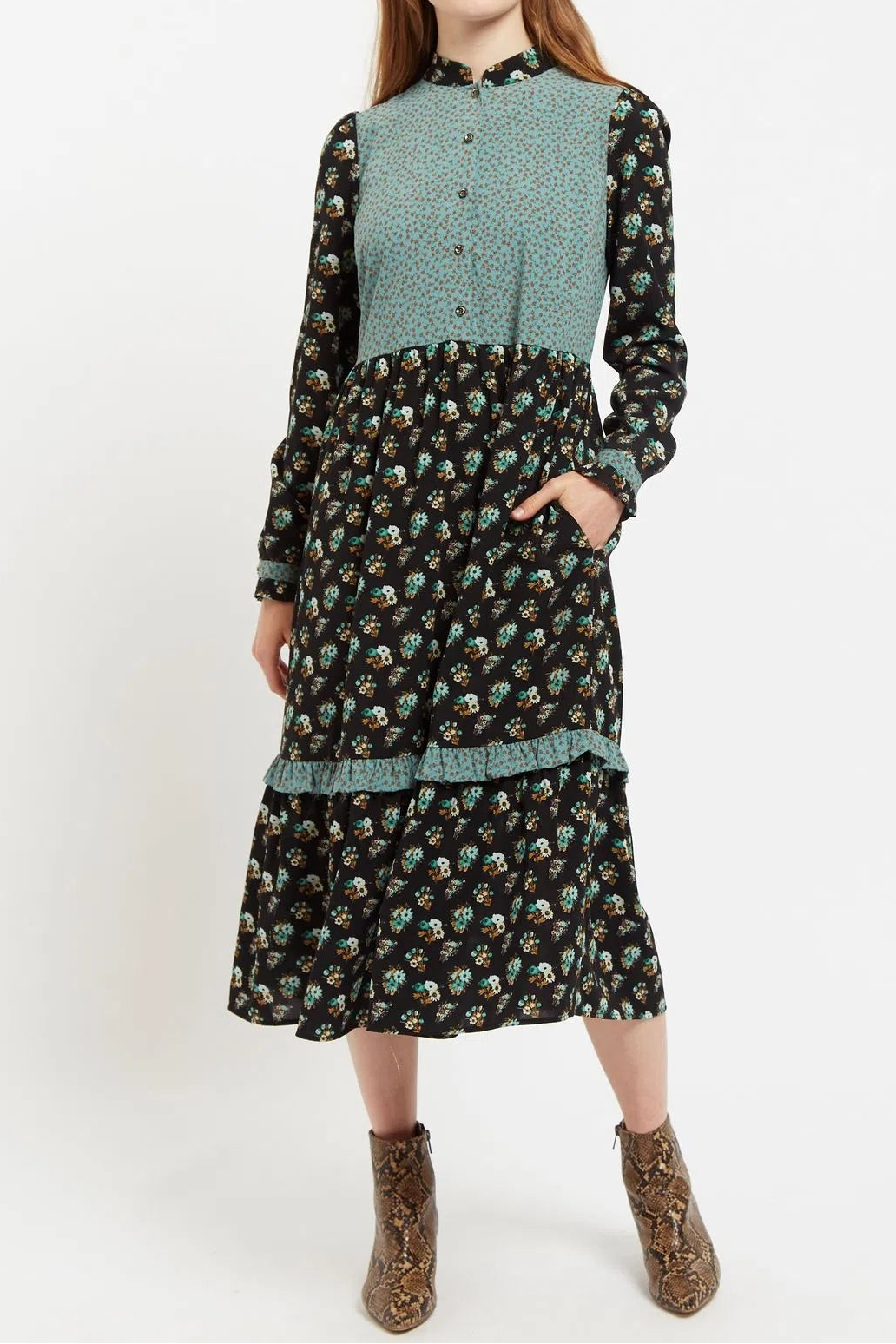 Louche Elsie Posy Patchwork Print  Tiered Long Sleeve Midi Dress